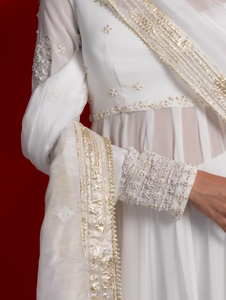 Tara anarkali, close view of the pearl and zari embroidery on the cuff and dupatta border